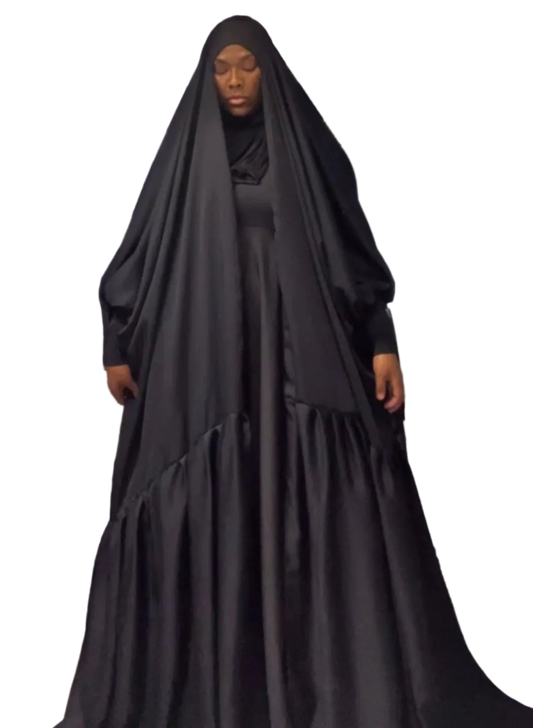 Pleated balloon sleeve open abaya.