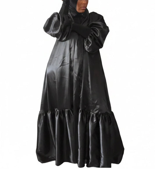Satin balloon sleeve umbrella duster w pleats
